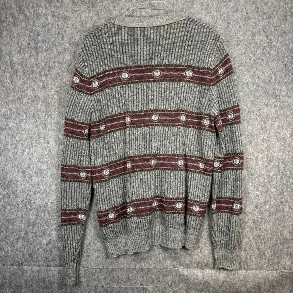Vintage 1970s Cardigan Sweater Men's Medium Striped Gray Knit Mod Grandpa